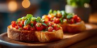 Fresh bruschetta with diced tomatoes and basil on toasted bread slices served on wooden board. Italian appetizer ready for dining and entertaining.