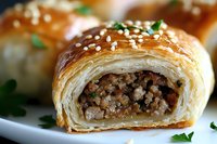 Flaky puff pastry roll filled with seasoned ground meat and mushrooms, garnished with sesame seeds and fresh herbs, cross section view showing layers.
