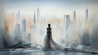 Silhouette of elegant woman in flowing gown gazing at misty cityscape with modern skyscrapers, creating dreamy atmospheric urban landscape in soft pastel tones.
