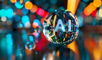 Crystal ball reflects vibrant city lights with blurred bokeh background in turquoise and orange tones creating magical urban nighttime atmosphere.