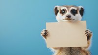 Funny meerkat holding blank card against blue background, humorous animal portrait with copy space for text or message. Perfect for advertising or announcement.