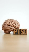 Human brain model beside wooden letter blocks spelling PTSD on a light surface, symbolizing trauma, mental health awareness, and neurological impact.