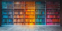 Colorful rainbow gradient bookshelf with rows of books arranged by color from blue to pink, empty library interior with wooden floor and dramatic lighting.