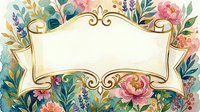 Watercolor floral frame with gold ornate border, pink peonies, lavender, and lush greenery, featuring a blank banner for text or invitation design.