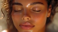 Close up portrait of young African American woman with glowing dewy skin, glossy lips, and golden eyeshadow in warm sunlight showing natural beauty makeup look.