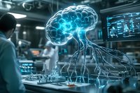 Glowing blue brain hologram with neural connections floating above laboratory workspace, scientist observing advanced medical technology in modern research facility.