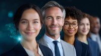 Diverse business team standing in line with confident expressions against dark background with glowing blue bokeh lights, representing corporate success and leadership.