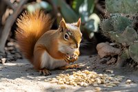 Red squirrel eating nuts on ground near tree trunk in natural outdoor setting. Wildlife animal feeding behavior in forest habitat environment.