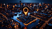 Glowing location pin marker over futuristic city map with illuminated navigation points at night, digital technology concept for GPS navigation systems.