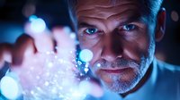 Mature Caucasian man with gray beard in dramatic blue lighting examines glowing particles, creating mysterious scientific atmosphere. Conceptual shot for innovation and discovery.