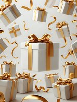 Elegant white gift boxes with luxurious gold ribbons and bows floating on light background. Perfect for holiday promotions, luxury retail advertising, and premium product presentations.