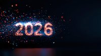 Glowing numbers 2026 with sparkle effect on dark background, illuminated by blue and red particles creating magical festive atmosphere for New Year celebration.