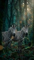 Two zebras standing together in mystical forest with sunlight filtering through trees creating magical atmosphere for wildlife photography projects.
