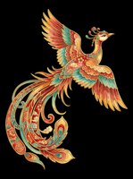 Ornate flying phoenix in red, gold, and teal with floral details, isolated on transparent background. Great for t-shirts, stickers, sublimation, and print on demand.