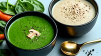 Fresh green spinach cream soup and mushroom soup garnished with black pepper in black ceramic bowls, served with vegetables and golden spoon.