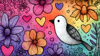 Cute white bird surrounded by colorful flowers, hearts and swirls on rainbow watercolor background. Whimsical art style with doodle elements and decorative pattern.