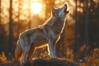 Majestic wolf howling at golden sunset in forest wilderness, backlit silhouette against warm sunlight through trees creating dramatic wildlife scene.