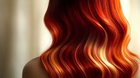 Vibrant copper red wavy hair with golden highlights flowing in soft curls, showcasing luxurious texture and shine against neutral background.