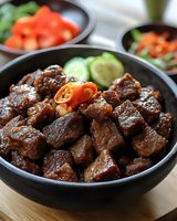 Braised beef chunks in dark savory sauce garnished with fresh chili and cucumber slices served in black ceramic bowl, appetizing Asian cuisine preparation.