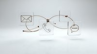 Transparent acrylic blocks with communication icons connected by flowing lines showing email phone and chat integration for business contact solutions.