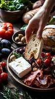 Hand reaching for crusty bread on Mediterranean appetizer platter with feta cheese, prosciutto, olives, cherry tomatoes and fresh herbs on rustic wooden board.