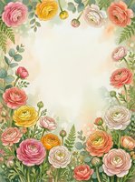 Watercolor ranunculus flowers frame with empty center space for text, featuring pink coral yellow blooms and green foliage on soft background for invitations.