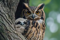 Great horned owl mother protectively watching over her young owlet nestled in tree cavity against blurred green forest background, wildlife photography.