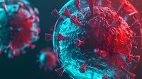 Microscopic view of virus cell structure in neon red and blue colors against dark background showing detailed spike proteins and molecular surface.