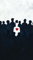 Silhouette crowd with single white figure showing red heart, symbolizing individuality, love and standing out from conformity. Conceptual illustration for uniqueness.