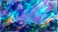 Watercolor digital fusion background with glowing circuit board elements and vibrant blue, purple, teal sky for tech and creative projects.