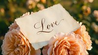 Vintage card with calligraphy word Love nestled among soft peach roses in a garden, romantic wedding or Valentine's Day concept.