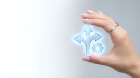 Woman's hand holding glowing blue house icon with fingerprint symbol, representing smart home security, digital property protection, and residential technology solutions.