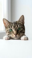Adorable tabby kitten with bright green eyes peeking over white surface in bright indoor setting for pet care and animal lover content.