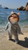 Tricolor cat wearing gray hooded jumpsuit standing on beach rock with ocean and city skyline in background. Funny pet fashion concept for social media and advertising.