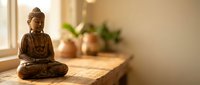 Bronze Buddha statue in meditation pose on wooden surface with soft natural lighting and green plants creating peaceful zen atmosphere for mindfulness practice.