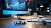 Lightbulb and gears on desk with growth chart on monitor, representing business innovation, strategy and financial success in modern office environment.