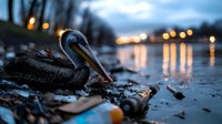 Brown pelican resting on beach at dusk with bokeh city lights reflecting on water, moody dark blue evening atmosphere creates dramatic wildlife scene.
