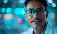 Asian male medical professional with glasses and salt-pepper beard looking confidently at camera against blurred teal bokeh background, wearing white coat.