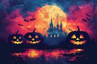 Glowing jack o lanterns near mysterious castle silhouette against full moon and purple sky with flying bats create spooky Halloween atmosphere for seasonal designs.