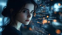 Young woman looking at futuristic interface with glowing code and data visualization elements against dark background with bokeh lights and digital display.
