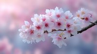Delicate pink cherry blossoms blooming on branch against soft blurred background in springtime, creating dreamy romantic atmosphere for nature backgrounds.