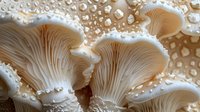 Fresh oyster mushrooms in macro view showing delicate gills and textured surface with water droplets, natural organic food photography on brown background.