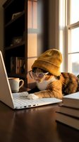 Funny cat wearing glasses and knit hat working on laptop computer at home office desk with coffee mug by window creating humorous remote work concept.