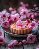 Elegant mooncake with intricate golden pattern on rustic wooden plate surrounded by delicate pink cherry blossoms creating romantic spring atmosphere.
