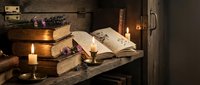 Ancient spell books with burning candles create mystical atmosphere for fantasy storytelling and magical education concepts.