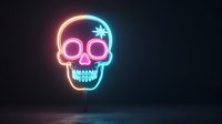 Glowing neon skull sign with pink and blue gradient colors on dark background, modern design element for nightlife and entertainment themes.