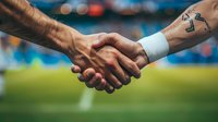 Close-up of two athletes shaking hands on sports field showing sportsmanship and fair play, with tattoo visible on forearm and stadium lights in background.