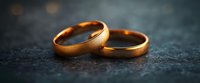 Two golden wedding bands with brushed finish resting on dark textured surface, symbolizing commitment and marriage for wedding, engagement, and jewelry design projects.