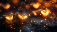 Golden glowing hearts with magical bokeh lights on dark background, romantic Valentine's day concept with sparkles and blurred heart shaped lights.