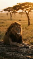 Male lion resting on rock in savanna landscape with acacia trees at golden hour, wildlife and nature photography for travel and conservation themes.